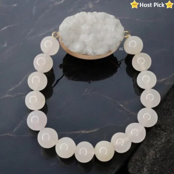Source Unknown Jewelry - White Onyx & Druzy Quartz Beaded Stretch Bracelet 7", 8mm Natural Stone Beads
